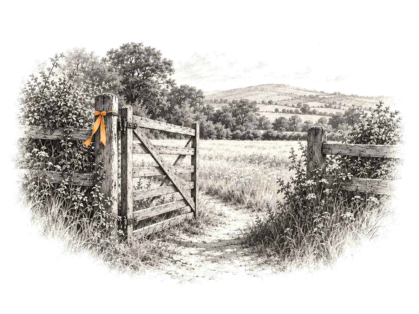 An engraving of an open field gate with a small amber ribbon tied to its post