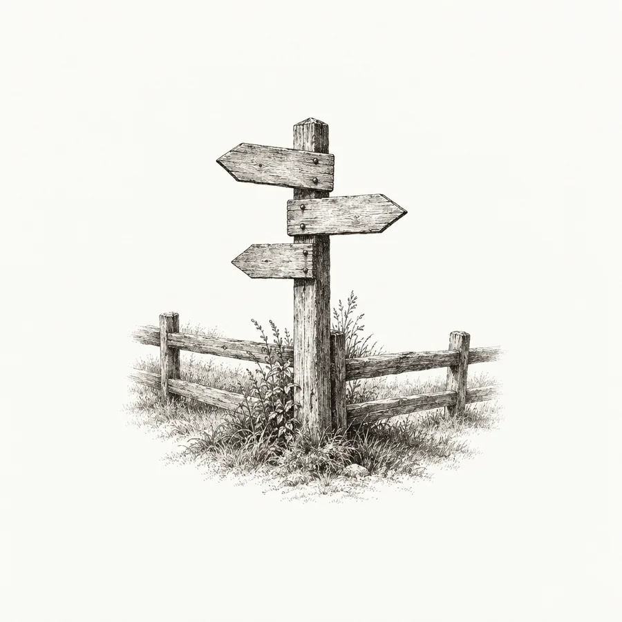 An engraved signpost at the corner of a fence