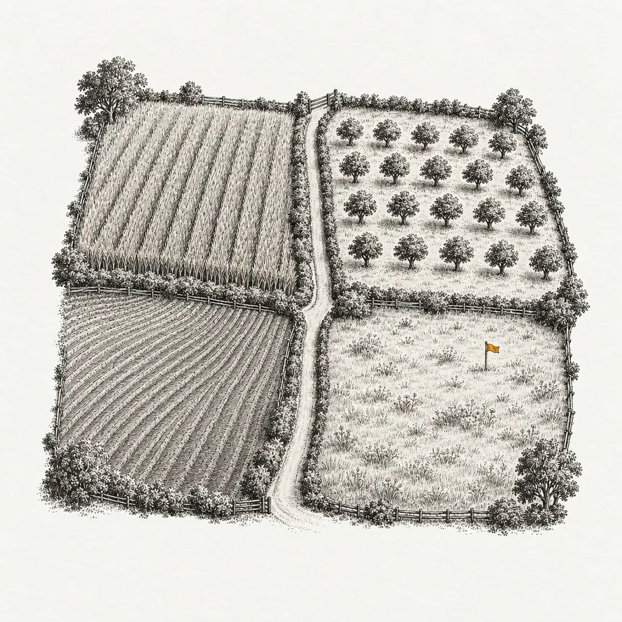 An engraved estate map of four fields, one marked with a small amber flag