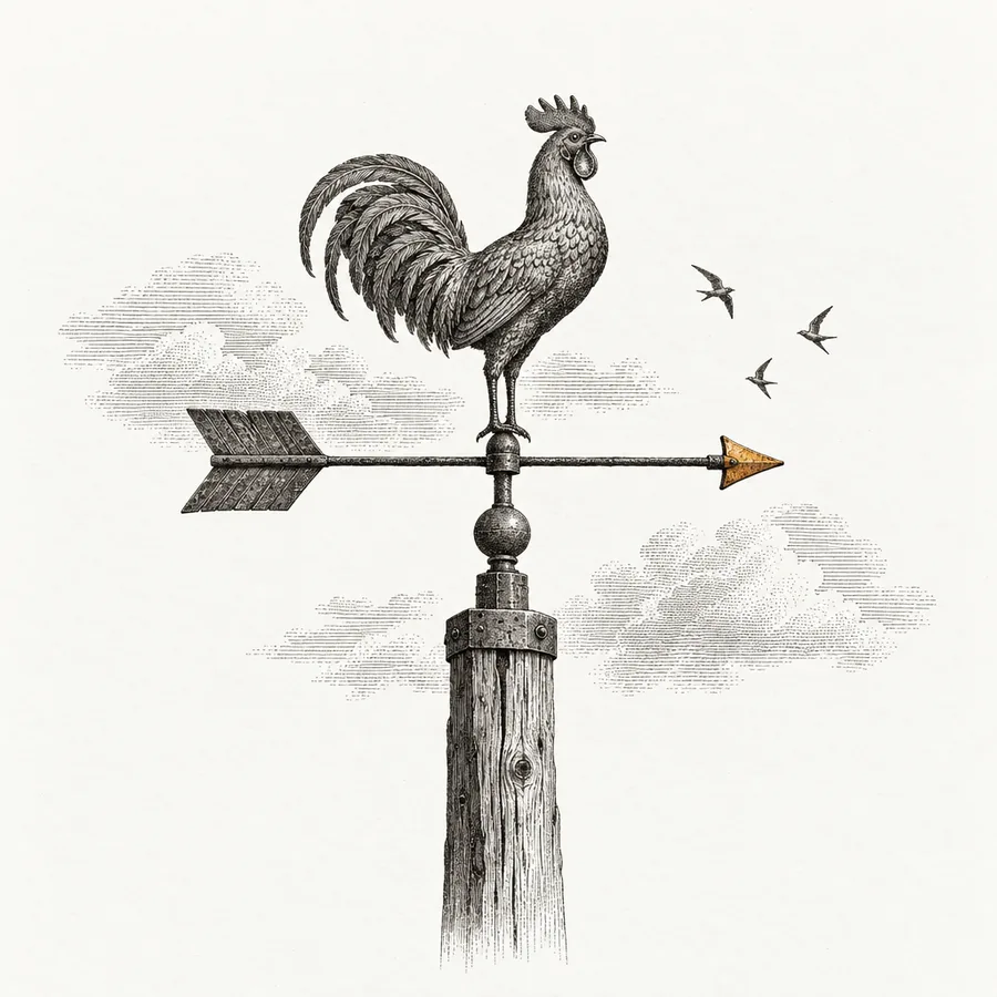 An engraved weather vane on a fence post