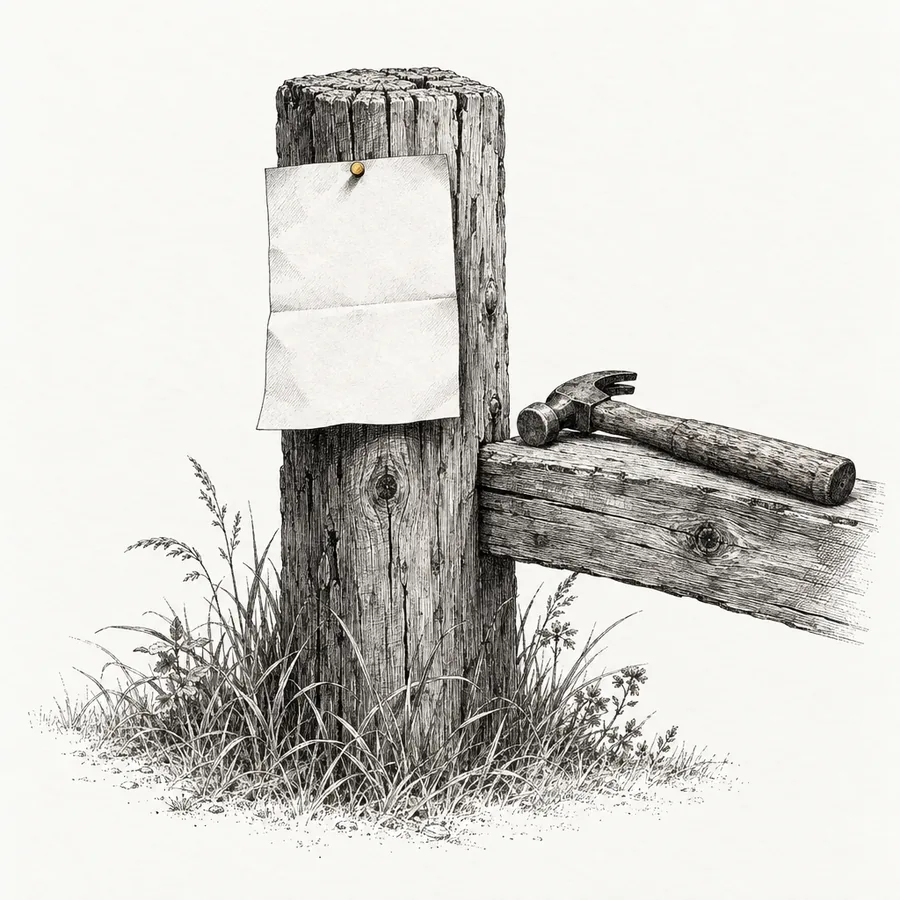 An engraved fence post with a blank notice pinned to it and a hammer resting on the rail