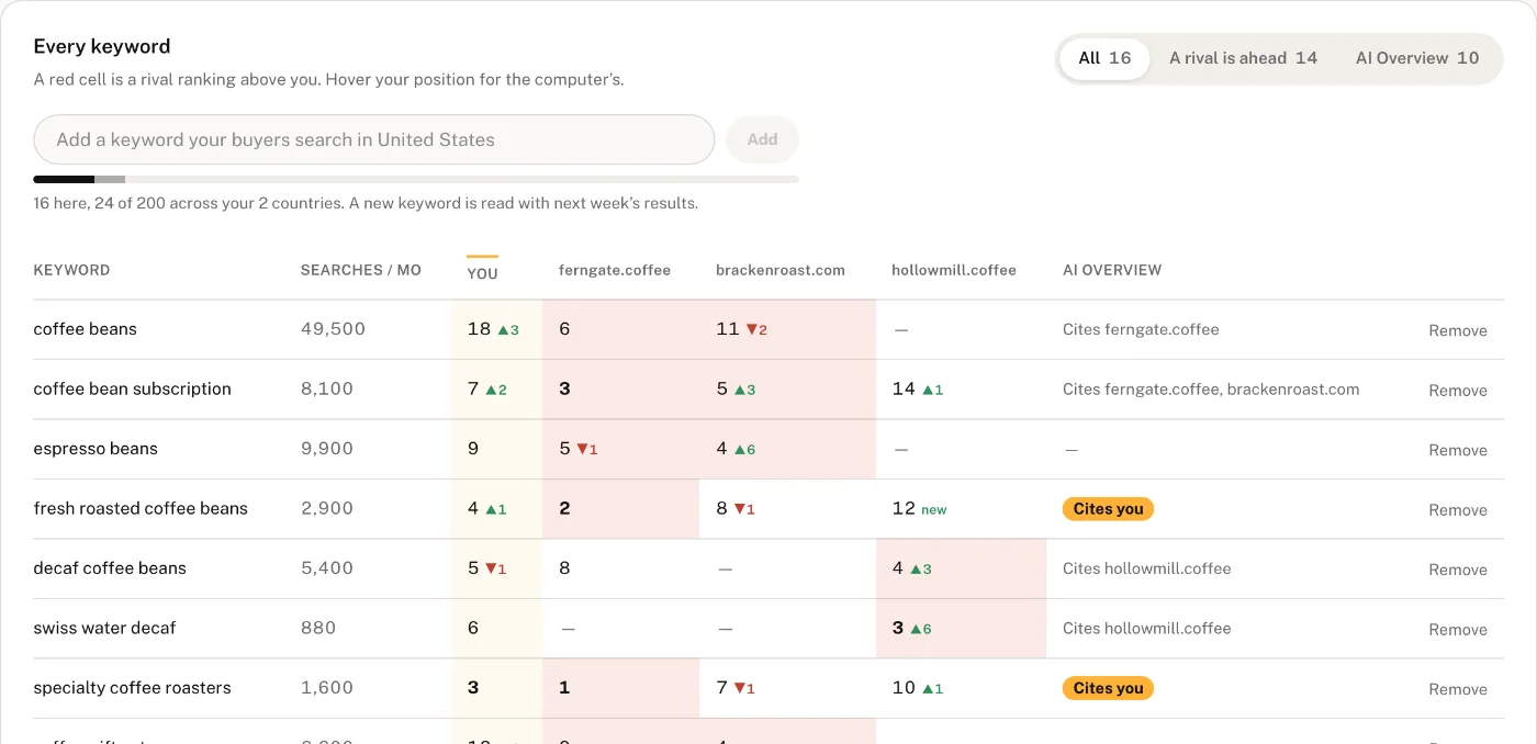 The demo store’s keywords with an AI Overview column: “Cites you” on two searches, “Cites ferngate.coffee” and “Cites hollowmill.coffee” on others.